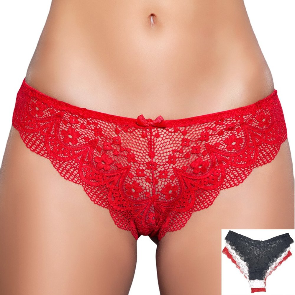 Lace Panty Brazilian Cut Scalloped Trim 3 Color Pack